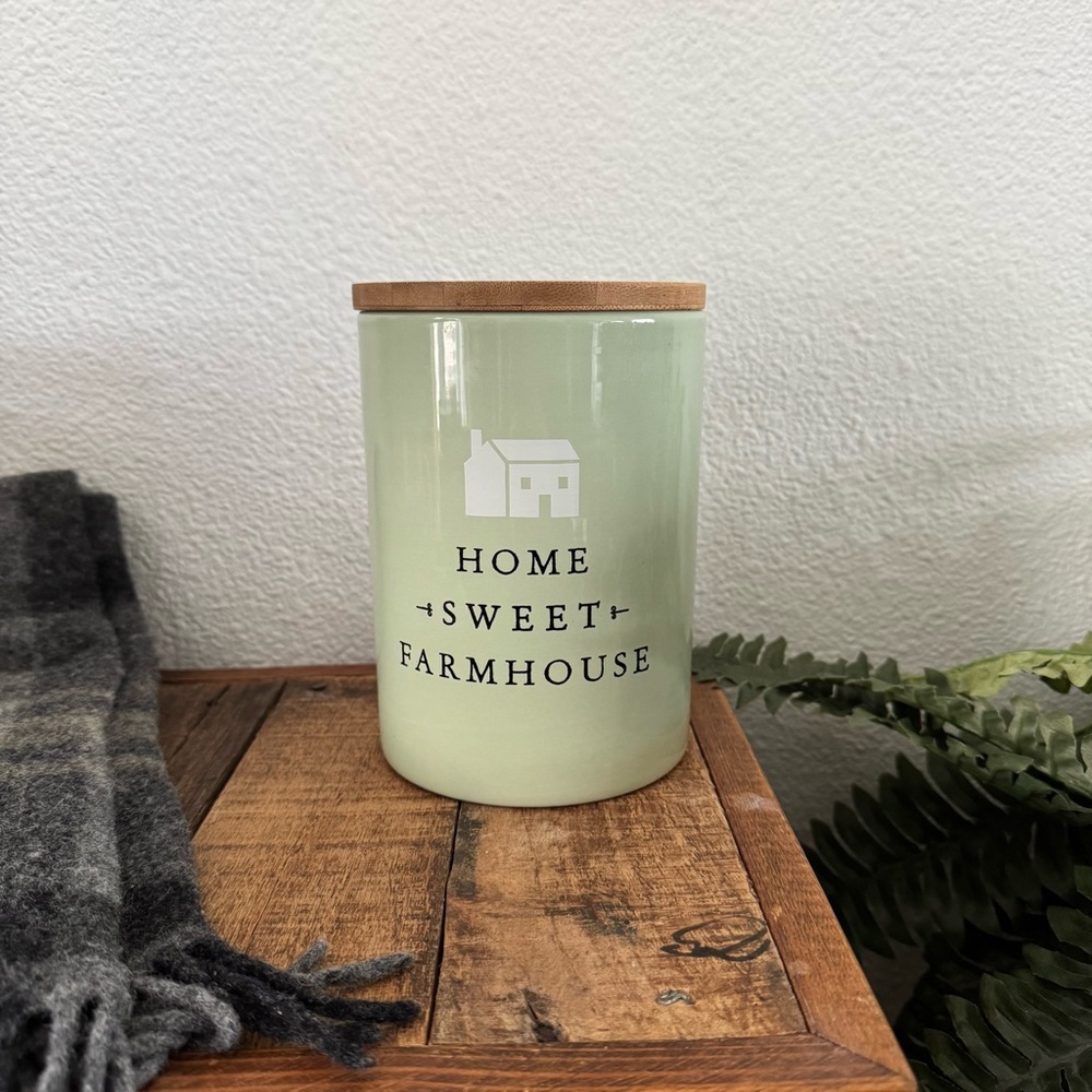 Ceramic Canister Home Sweet Farmhouse Mint Green Wood Lid Rustic Minimalist - Picture 10 of 10
